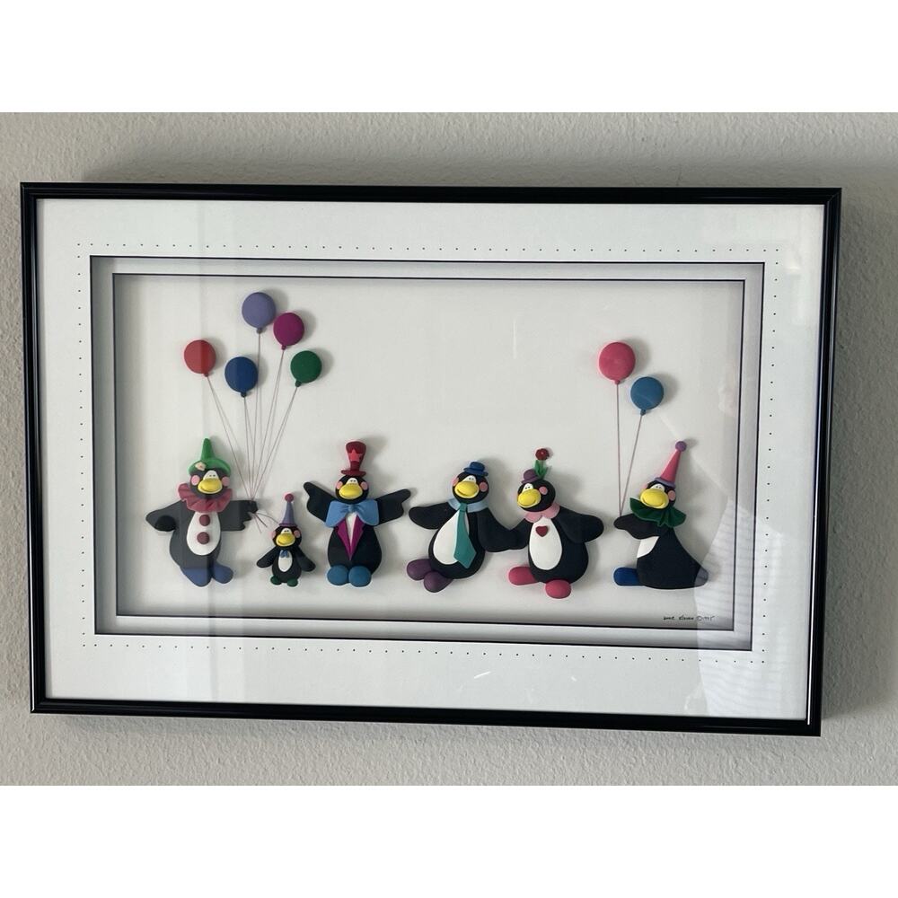 Anne Klocko 1995 Framed 3-D Art Clay Penguins With Balloons 16x24.25”